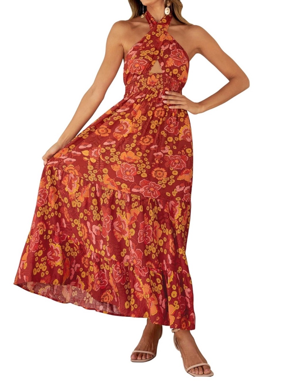 Cross-Neck Floral Maxi Dress in Rust Red